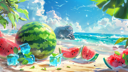 Refreshing watermelon on a tropical beach with blue ocean and sky