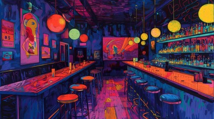 The interior of a retro bar with a glowing neon sign and colorful lights.