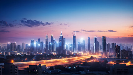 Bright glowing lights of district in megapolis under dusk sky in evening on blurred background