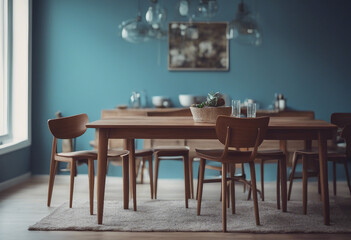 Wooden table and chairs against blue wall Mid-century style interior design of modern dining room