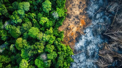 Aerial view of deforestation in a tropical rainforest with patches of bare land and remaining trees, highlighting the impact of climate change on forests