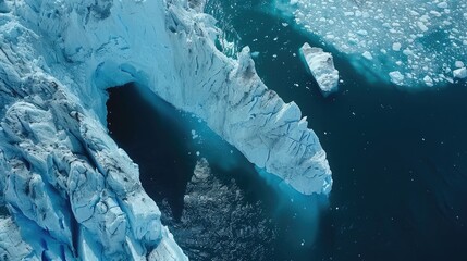 Aerial view of a melting glacier with clear signs of ice breaking apart and flowing into the sea, symbolizing the urgency of climate change and the impact on polar regions