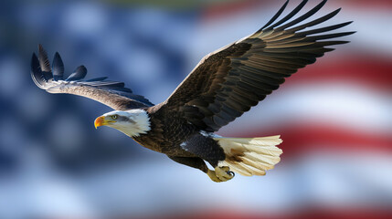 Naklejka premium Powerful eagle flying against the backdrop of an American flag.