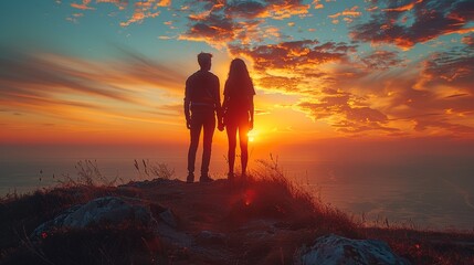 The photo shows a loving couple standing on a cliff, watching the sunset. The sky is ablaze with color, and the waves are crashing against the rocks below
