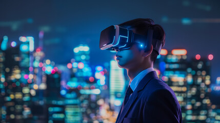 virtual reality experience with businessman and night cityscape in background