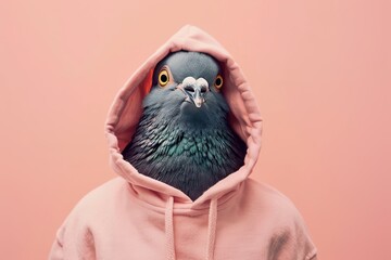 Dove with a elegant pink hoody on a solid studio pink color background with copy space for your text. Cute funny pigeon dressed fashion clothes, hawaiian shirt. Humor, summer concept.