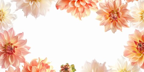 Flowers composition. Flat lay Top view. Border frame made of magenta, peach fuzz, red dahlia isolated white background. Vivid pink flowerheads. Beautiful backdrop for design. Floral assorted dahlias