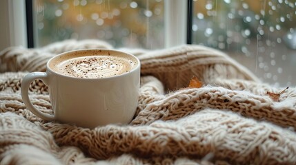 Relaxing coffee break moment with a cappuccino, a warm blanket, and a window view of a rainy day outside, creating a peaceful ambiance