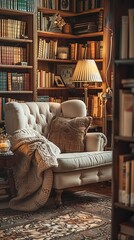 Serene library study corner with a comfortable armchair, a reading lamp, and stacks of books, creating a cozy and intellectual atmosphere