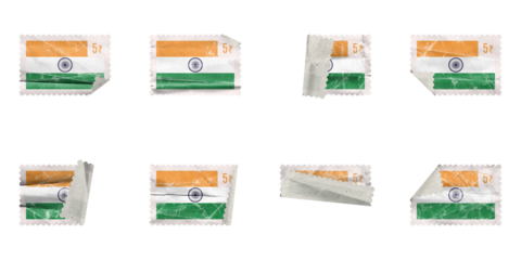 Set of Vintage Post stamp folded india flag with old paper texture