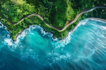 Stunning aerial view of a winding coastal road, turquoise ocean waves crashing against rocky cliffs, and lush greenery along the shoreline - Powered by Adobe
