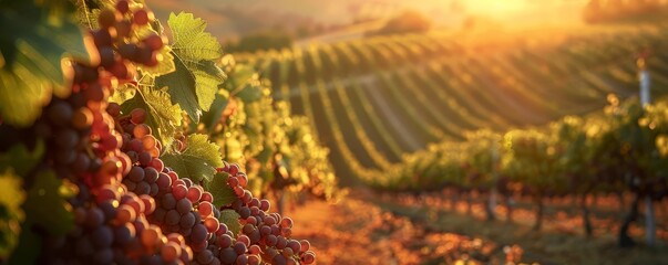 Fototapeta premium Stunning vineyard at sunset with rows of grapevines bathed in golden light, rolling hills in the background, and a tranquil atmosphere