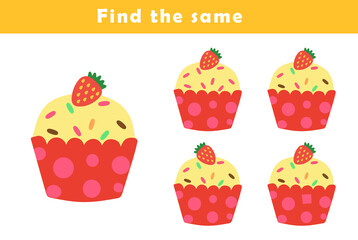 Find same picture worksheet for kids. Worksheet for kids kindergarten, preschool and school age. Education game for children with cute cupcake illustration.