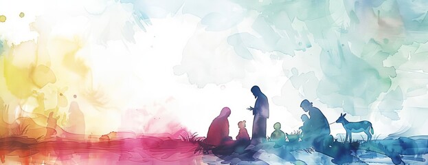 Eye-level angle, abstract nativity scene, vibrant watercolor illustration, soft pastel tones, elegant yet minimalist design, ample copyspace for text placement