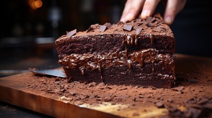 cutting freshly baked chocolate cake