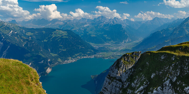 View from Niederbauen Mountain, 1923m to Fluelen and Altdorf, Lake Lucerne, Canton Uri, Switzerland