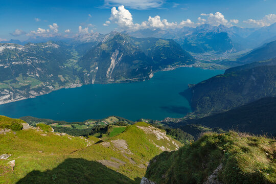 View from Niederbauen Mountain, 1923m to Fluelen and Altdorf, Lake Lucerne, Canton Uri, Switzerland