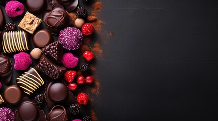 Delicious background. Various chocolates in dark color