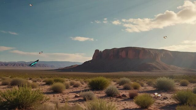 This is a video of a desert with a large rock butte in the background. There are 5 small parachutes in the sky.