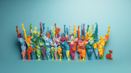 group of colorful raise arms sign on world map texture, World Population Day on pastel background