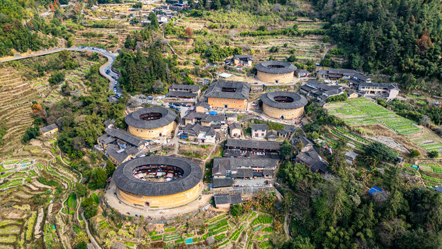 Aerial of Tianluokeng, UNESCO World Heritage Site, Fujian Tulou, rural dwelling of the Hakka, Fujian, China