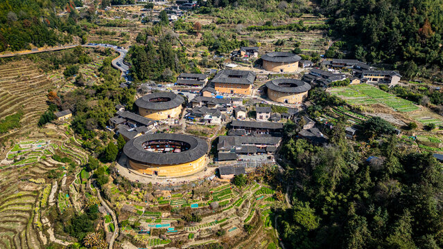 Aerial of Tianluokeng, UNESCO World Heritage Site, Fujian Tulou, rural dwelling of the Hakka, Fujian, China