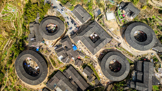 Aerial of Tianluokeng, UNESCO World Heritage Site, Fujian Tulou, rural dwelling of the Hakka, Fujian, China