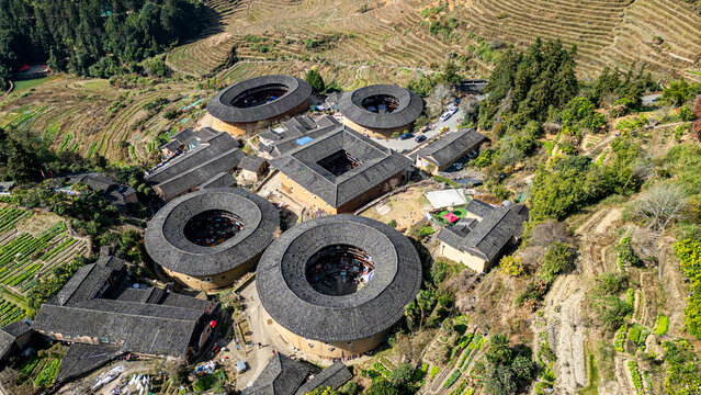 Aerial of Tianluokeng, UNESCO World Heritage Site, Fujian Tulou, rural dwelling of the Hakka, Fujian, China