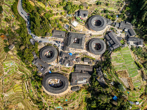 Aerial of Tianluokeng, UNESCO World Heritage Site, Fujian Tulou, rural dwelling of the Hakka, Fujian, China