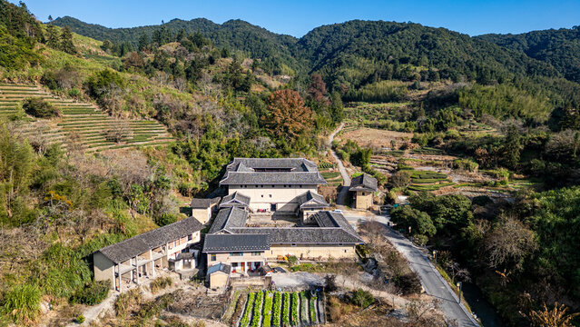Aerial of the Hekeng Fujian Tulou, UNESCO World Heritage Site, rural dwelling of the Hakka, Fujian, China