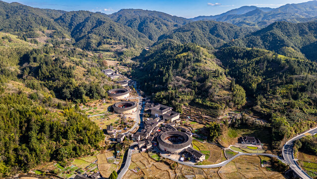 Aerial of the Hekeng Fujian Tulou, UNESCO World Heritage Site, rural dwelling of the Hakka, Fujian, China