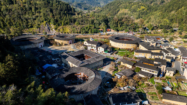 Aerial of the Hekeng Fujian Tulou, UNESCO World Heritage Site, rural dwelling of the Hakka, Fujian, China
