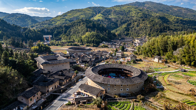 Aerial of the Hekeng Fujian Tulou, UNESCO World Heritage Site, rural dwelling of the Hakka, Fujian, China