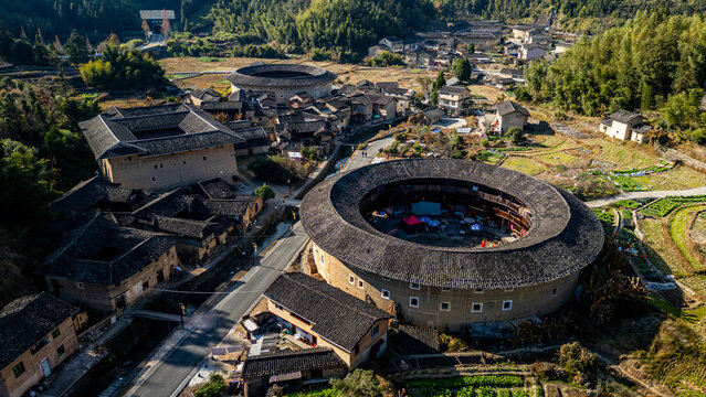 Aerial of the Hekeng Fujian Tulou, UNESCO World Heritage Site, rural dwelling of the Hakka, Fujian, China