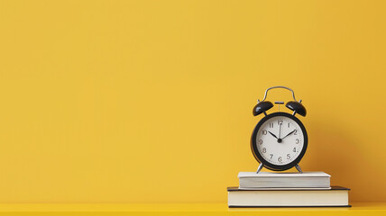 black alarm clock and books on table against yellow background with copy space for text