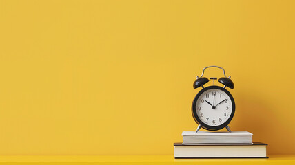 black alarm clock and books on table against yellow background with copy space for text - Powered by Adobe