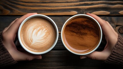 Top view image of man and woman's hands holding coffee and hot chocolate cup