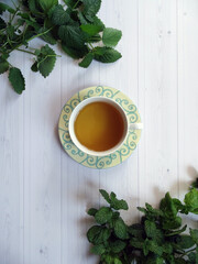 Zielona herbata w filiżance otoczonej świeżymi gałązkami melisy i mięty na białym drewnianym stole © KJP Photography