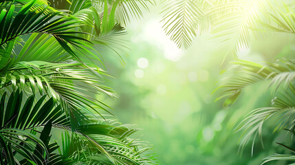 Lush green palm leaves against a blurred background with a bright light in the center.