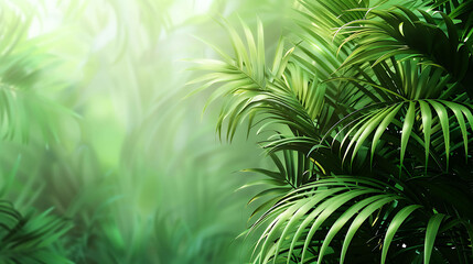 lush green palm leaves in the foreground with a blurred background of a tropical rainforest.