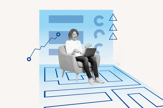 Composite artwork collage of blue color interface stats diagram web page project manager man programmer sit armchair work laptop type - Powered by Adobe