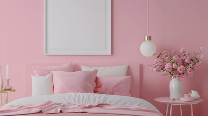 Frame mockup, Home interior background, Bedroom in pink pastel colors, 3d render