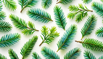 Repeated pattern of small green fir branches with leaves on white background