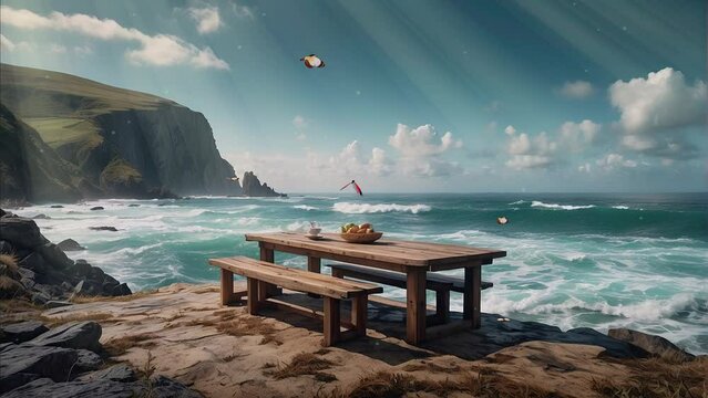 There is a wooden table and bench on a rocky cliff overlooking the ocean. The waves are crashing against the rocks and there are some seagulls flying overhead. The sky is blue and there are some cloud