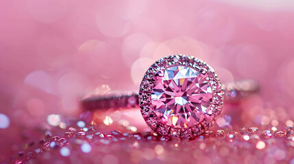 Close-up of a beautiful diamond ring with a pink background. The ring is made of white gold and has a round diamond in the center.