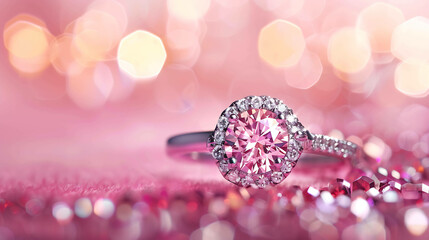 Exquisite pink diamond ring with halo of smaller diamonds on a bed of pink gemstones against a blurred background of pink lights.