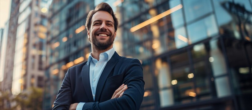 Successful Caucasian Businessman Smiling with Crossed Arms, Corporate Buildings, Confidence, Leadership, Motivation, Low-Angle Shot, Copy Space.
