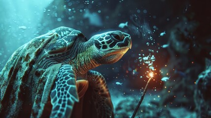 Obraz premium A closeup charismatic half body of a sea turtle in a wizards robe