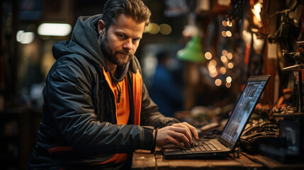 An artisan looking focused while working on a computer in a well-lit workshop setting
