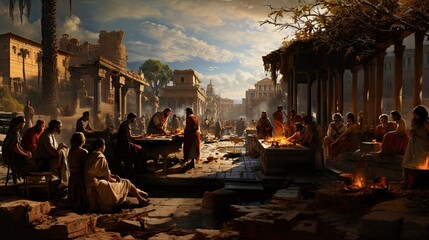 Realistic reenactment of a bustling ancient Roman market scene with detailed architecture